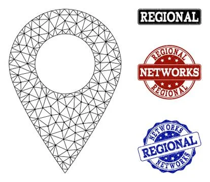 Polygonal Network Mesh Vector Local Map Marker and Network Grunge Stamps Stock Illustration
