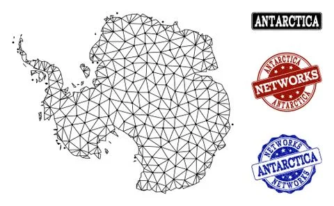 Polygonal Network Mesh Vector Map of Antarctica and Network Grunge Stamps Stock Illustration