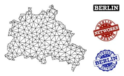 Polygonal Network Mesh Vector Map of Berlin City and Network Grunge Stamps Stock Illustration