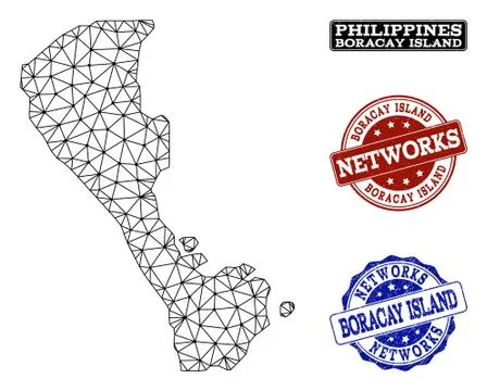 Polygonal Network Mesh Vector Map of Boracay Island and Network Grunge Stamps Stock Illustration