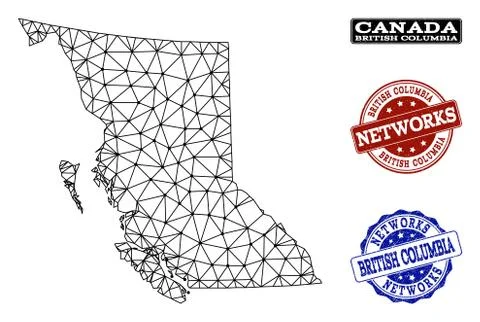 Polygonal Network Mesh Vector Map of British Columbia Province and Network Stock Illustration