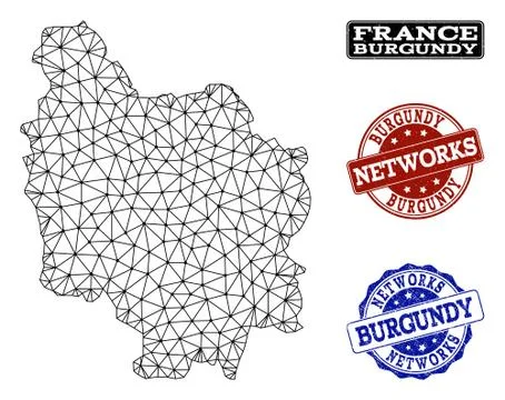 Polygonal Network Mesh Vector Map of Burgundy Province and Network Grunge Stamps Stock Illustration