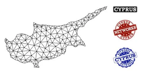 Polygonal Network Mesh Vector Map of Cyprus Island and Network Grunge Stamps 库存插图