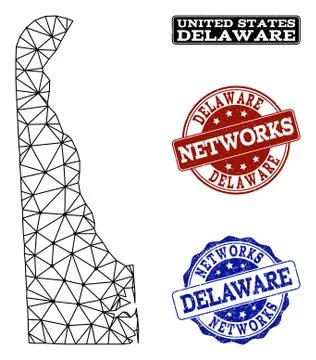 Polygonal Network Mesh Vector Map of Delaware State and Network Grunge Stamps Stock Illustration