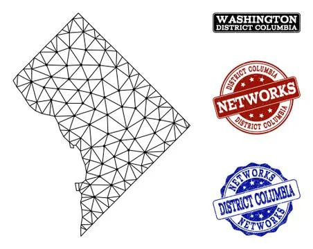 Polygonal Network Mesh Vector Map of District Columbia and Network Grunge Stamps Stock Illustration