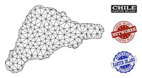 Polygonal Network Mesh Vector Map of Easter Island and Network Grunge Stamps Stock Illustration