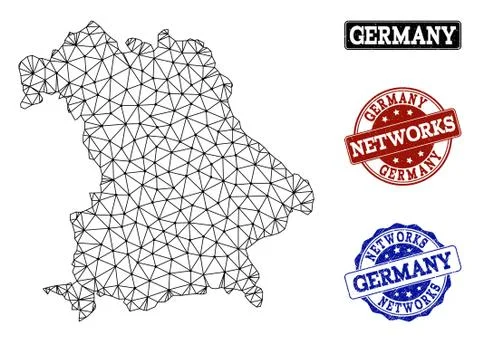 Polygonal Network Mesh Vector Map of Germany and Network Grunge Stamps Illustrazione stock