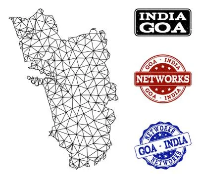 Polygonal Network Mesh Vector Map of Goa State and Network Grunge Stamps Stock Illustration