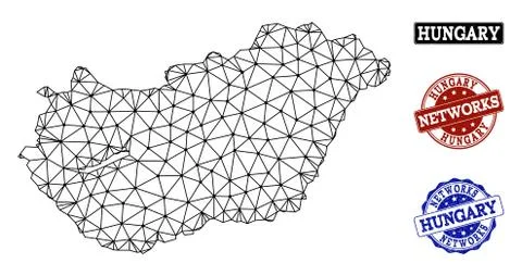 Polygonal Network Mesh Vector Map of Hungary and Network Grunge Stamps Stock Illustration