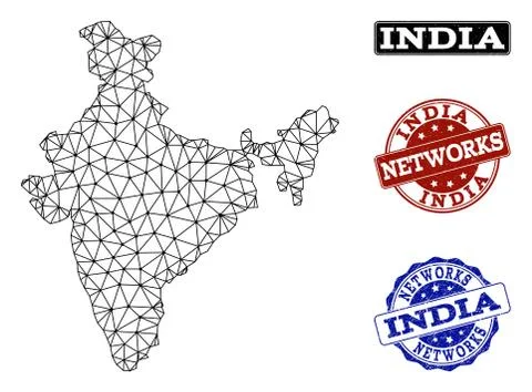 Polygonal Network Mesh Vector Map of India and Network Grunge Stamps Stock Illustration