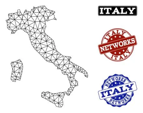 Polygonal Network Mesh Vector Map of Italy and Network Grunge Stamps Stock Illustration