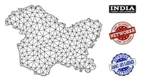 Polygonal Network Mesh Vector Map of Jammu and Kashmir State and Network Grunge Stock Illustration