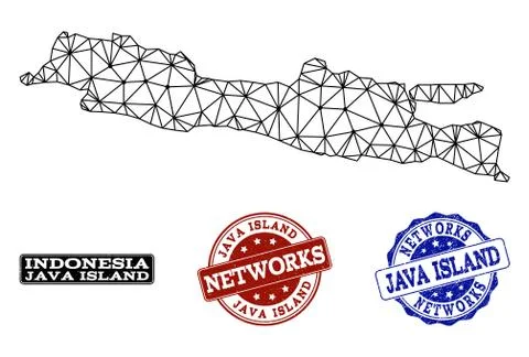 Polygonal Network Mesh Vector Map of Java Island and Network Grunge Stamps Stockillustratie