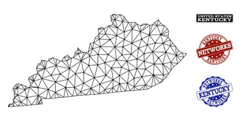 Polygonal Network Mesh Vector Map of Kentucky State and Network Grunge Stamps Stock Illustration