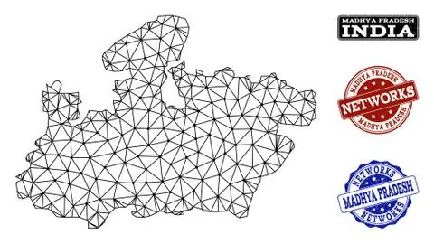 Polygonal Network Mesh Vector Map of Madhya Pradesh State and Network Grunge Stock Illustration