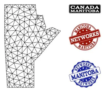 Polygonal Network Mesh Vector Map of Manitoba Province and Network Grunge Stamps Stock Illustration
