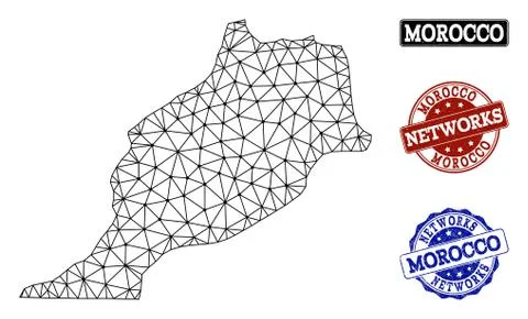 Polygonal Network Mesh Vector Map of Morocco and Network Grunge Stamps Illustrazione stock