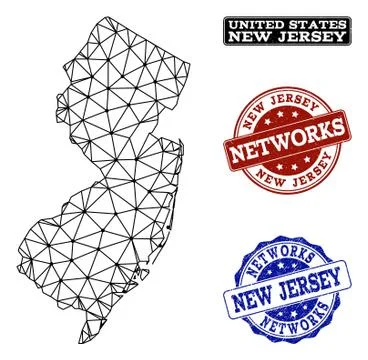 Polygonal Network Mesh Vector Map of New Jersey State and Network Grunge Stamps Stock Illustration