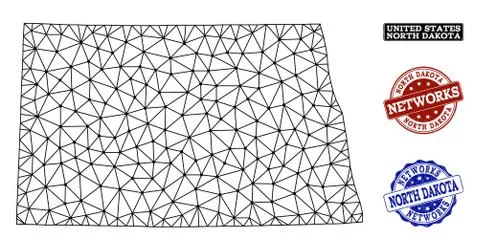 Polygonal Network Mesh Vector Map of North Dakota State and Network Grunge Stock Illustration