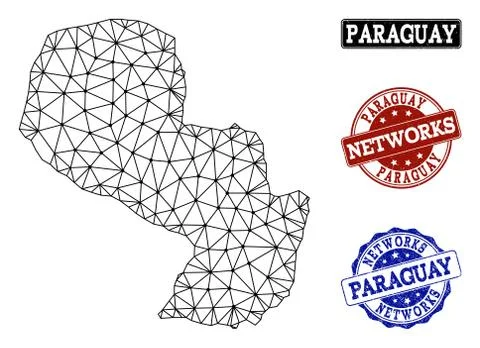 Polygonal Network Mesh Vector Map of Paraguay and Network Grunge Stamps Ilustração Stock