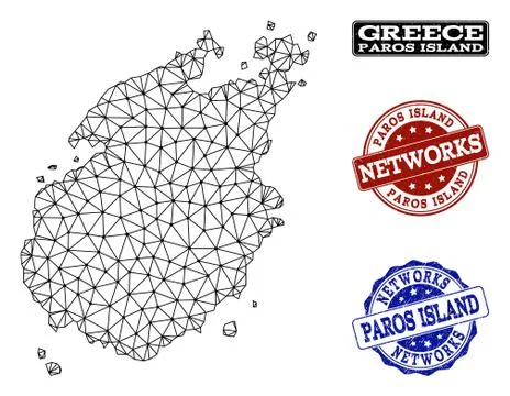 Polygonal Network Mesh Vector Map of Paros Island and Network Grunge Stamps Illustrazione stock