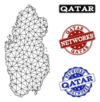 Polygonal Network Mesh Vector Map of Qatar and Network Grunge Stamps Stock Illustration