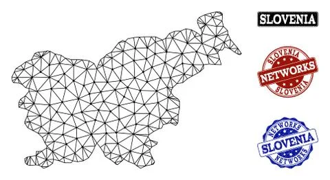 Polygonal Network Mesh Vector Map of Slovenia and Network Grunge Stamps Stock Illustration