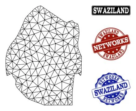 Polygonal Network Mesh Vector Map of Swaziland and Network Grunge Stamps Stock Illustration