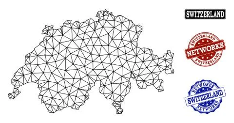Polygonal Network Mesh Vector Map of Switzerland and Network Grunge Stamps 스톡 일러스트