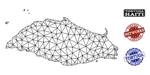 Polygonal Network Mesh Vector Map of Tortuga Island and Network Grunge Stamps Illustrazione stock