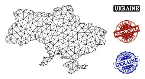 Polygonal Network Mesh Vector Map of Ukraine and Network Grunge Stamps Illustrazione stock