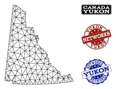 Polygonal Network Mesh Vector Map of Yukon Province and Network Grunge Stamps Stock Illustration