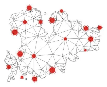 Polygonal Network Mesh Vector Mykonos Island Map with Coronavirus 스톡 일러스트