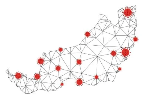 Polygonal Network Mesh Vector Sarawak State Map with Coronavirus Stock Illustration