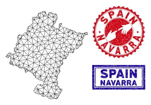 Polygonal Network Navarra Province Map and Grunge Stamps Stock Illustration