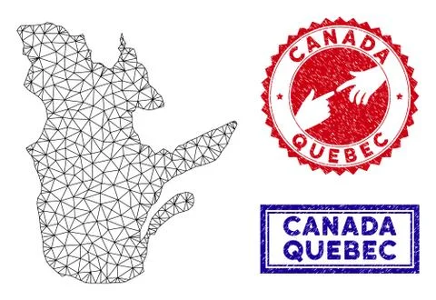 Polygonal Network Quebec Province Map and Grunge Stamps Stock Illustration