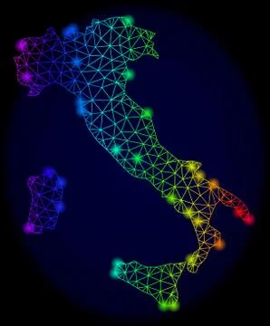 Polygonal Network Rainbow Mesh Vector Map of Italy with Color Glare Spots Stock Illustration
