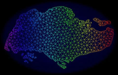 Polygonal Network Rainbow Mesh Vector Map of Singapore Stock Illustration