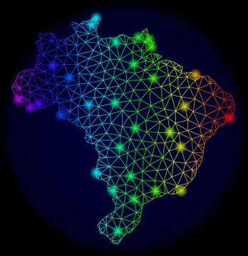 Polygonal Network Spectrum Mesh Vector Map of Brazil with Colorful Glowing Spots Stock Illustration