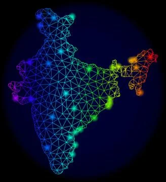 Polygonal Network Spectrum Mesh Vector Map of India with Color Glare Spots Stock Illustration