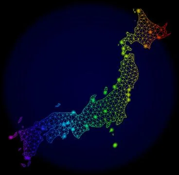 Polygonal Network Spectrum Mesh Vector Map of Japan with Bright Glowing Spots Stock Illustration
