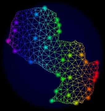 Polygonal Network Spectrum Mesh Vector Map of Paraguay with Color Glowing Spots Ilustração Stock