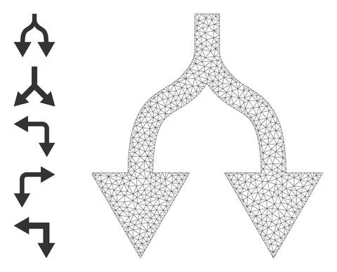 Polygonal Network Split Arrows Down Icon with Simple Symbols 스톡 일러스트