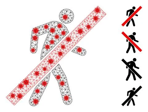 Polygonal Network Stop Walking Man Pictogram with Covid Items Stock Illustration