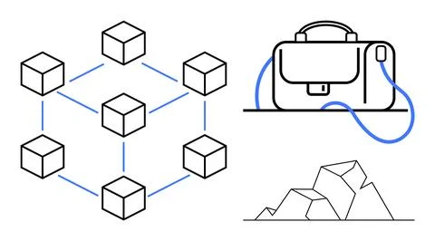 Polygonal network structure, briefcase with a blue strap, and geometric shape Stockillustratie