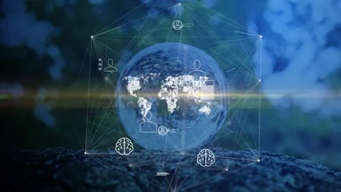 Polygonal network with symbolic icons on the background of a glass ball with Stock Footage 301756902