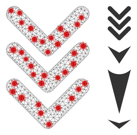 Polygonal Network Triple Arrowhead Down Pictogram with Virus Nodes 库存插图