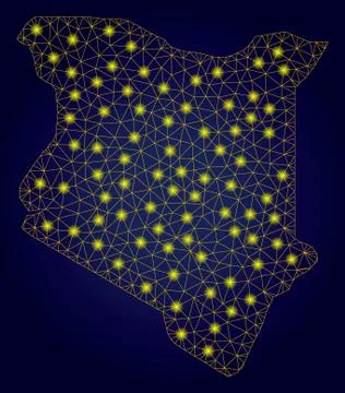 Polygonal Network Yellow Kenya Map with Light Spots Stock Illustration
