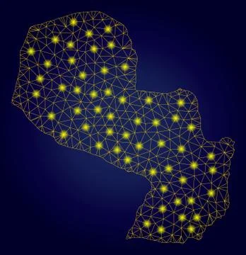 Polygonal Network Yellow Paraguay Map with Light Spots Illustrazione stock