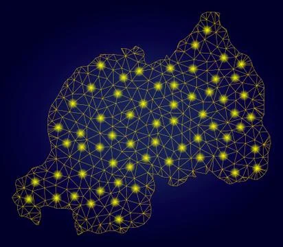 Polygonal Network Yellow Rwanda Map with Light Spots 스톡 일러스트